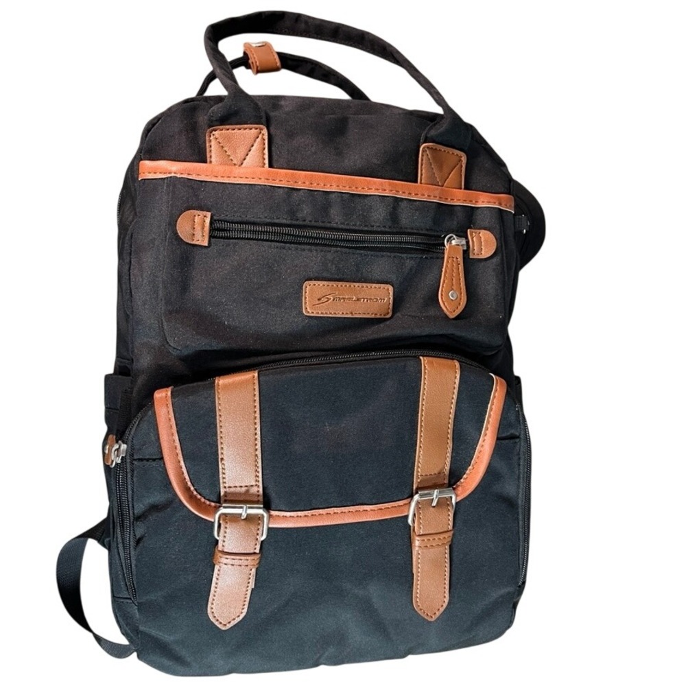 NWOT Maelstrom Black Canvas Laptop Backpack Brown Leather Trim Travel School Bag